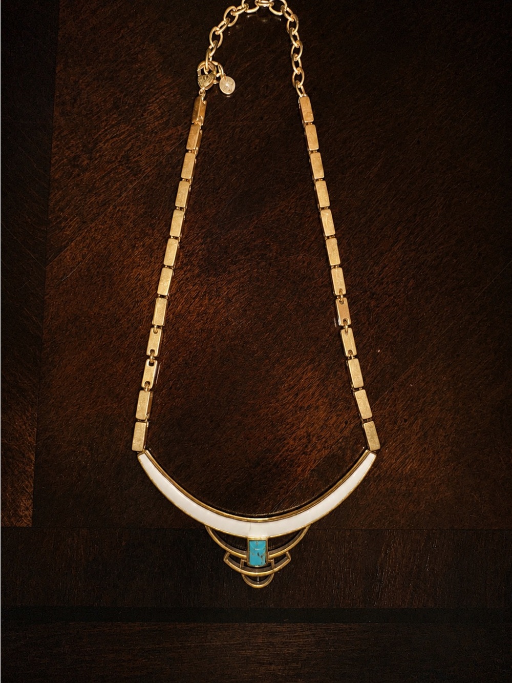 Stella & Dot Gold Necklace with White Enamel and Turquoise Stone
